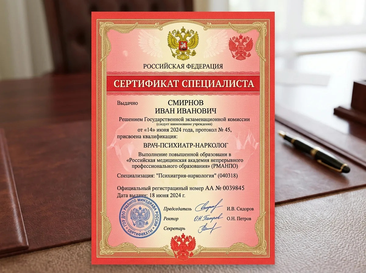 Сертификат специалиста врача психиатра-нарколога — документ повышения квалификации, красный бланк с гербом, официальное оформление