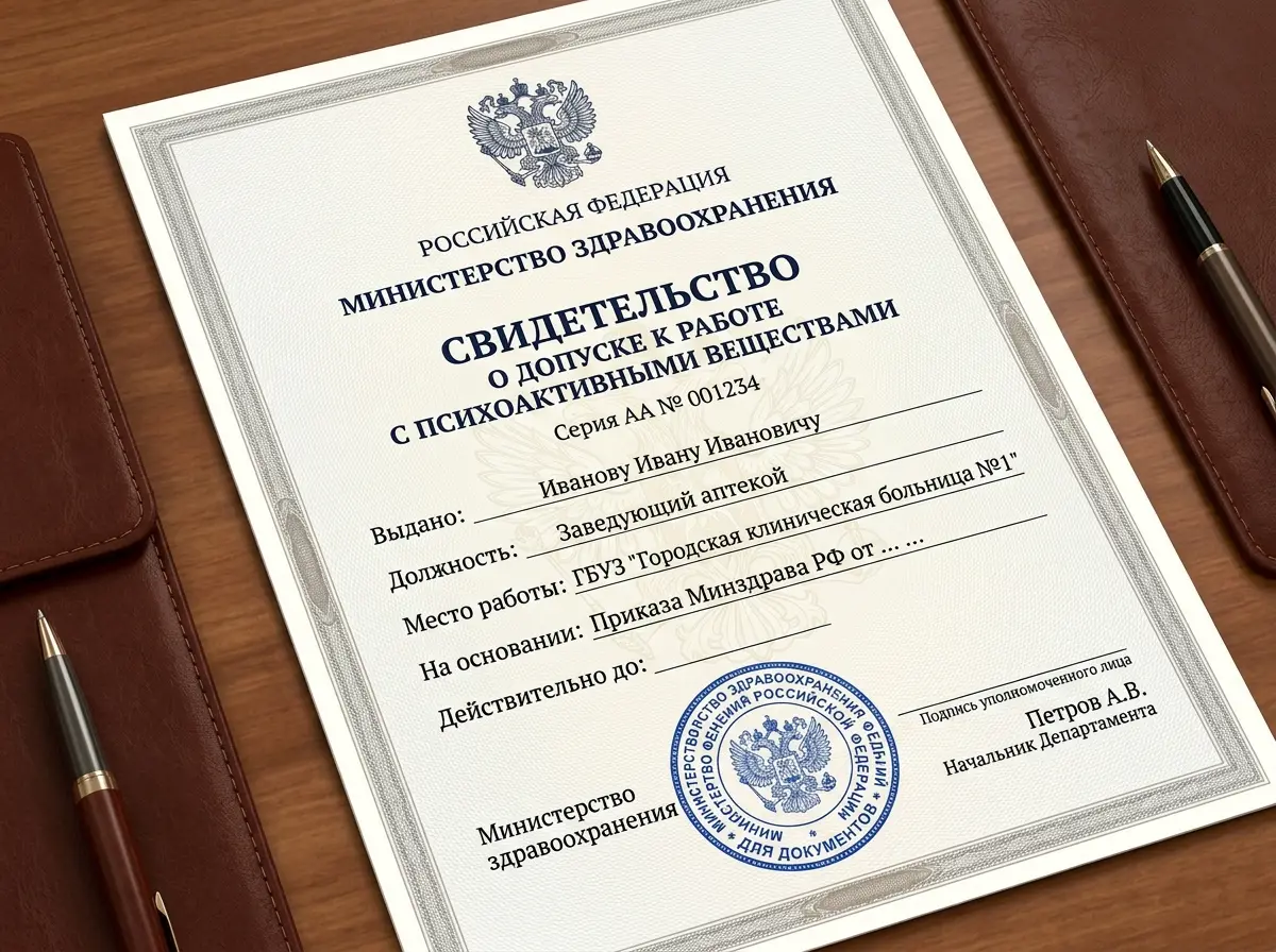 Свидетельство допуска к работе с психоактивными веществами — государственный документ с печатью Минздрава России, официальный бланк