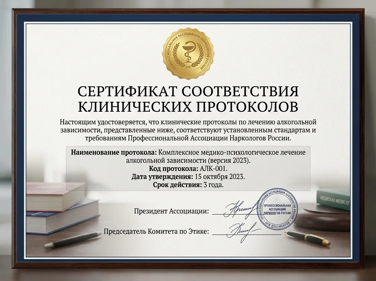 Сертификат соответствия клинических протоколов лечения алкогольной зависимости — документ профессиональной ассоциации наркологов России