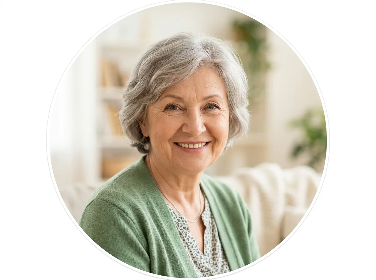 Аватар — пожилая женщина, 60-65 лет, доброжелательное выражение, светлый фон